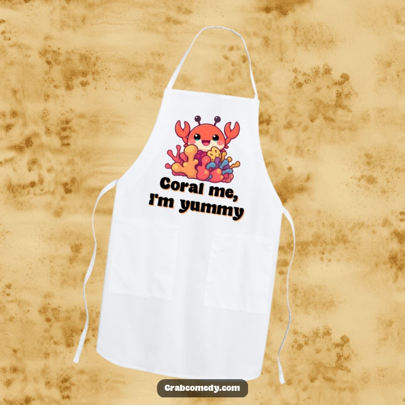 Funny apron for cooking with a crab peeking from coral, adding humor and charm.