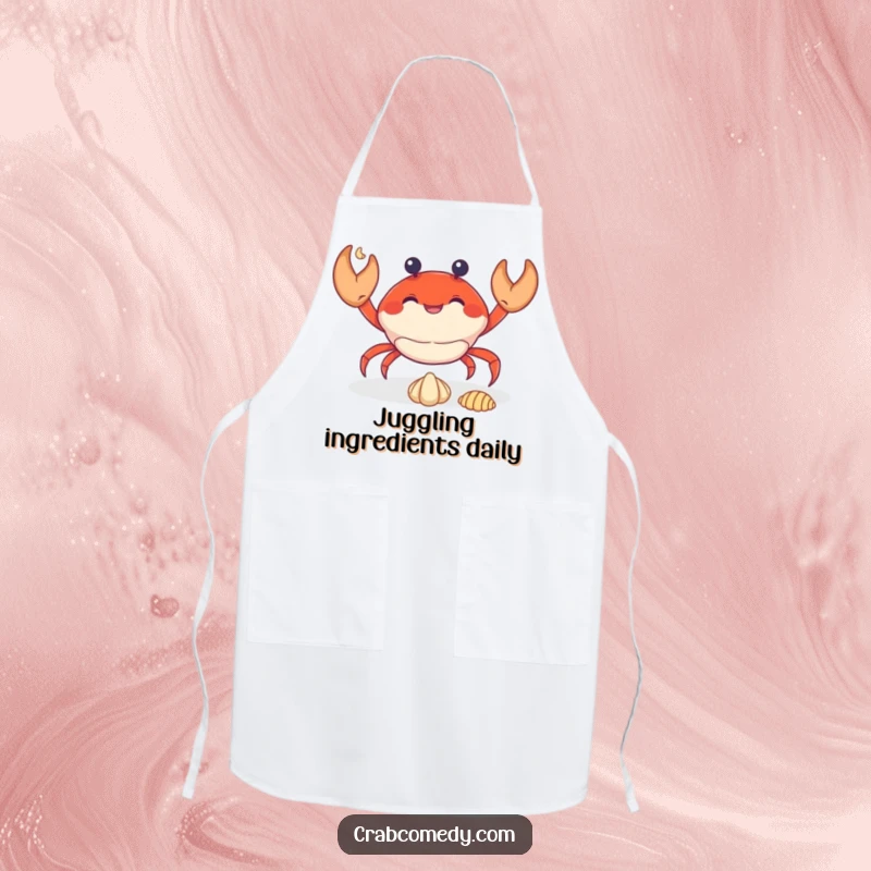 Funny crab juggling three small seashells, on a practical and humorous kitchen apron.