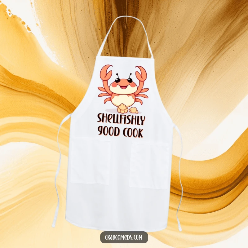 Funny apron for cooking with a happy crab juggling seashells, adding humor to the kitchen.