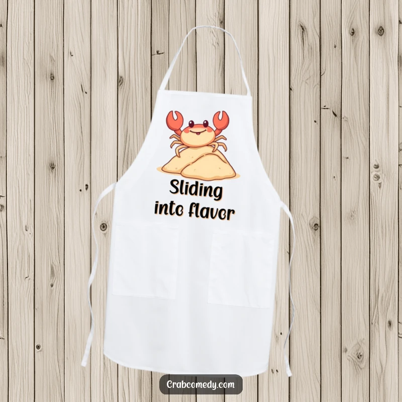Funny crab sliding down a sand dune on its shell, on a practical kitchen apron.