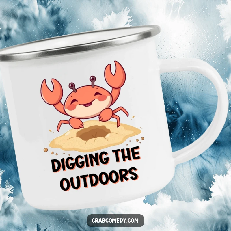 Funny enamel camping mug featuring a crab digging a hole in the sand, ideal for outdoor use.