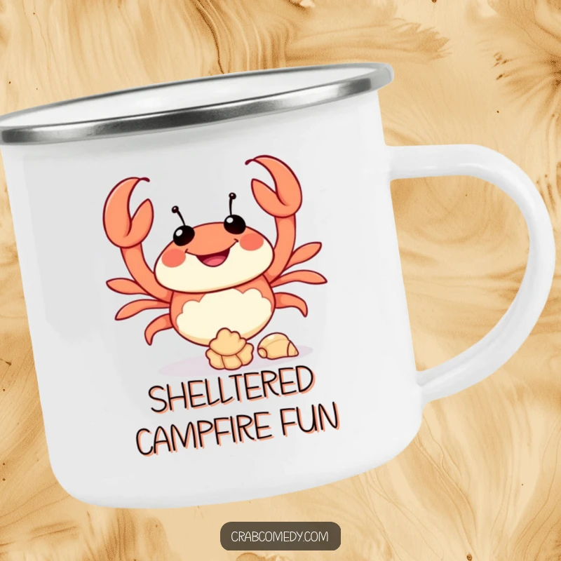 Funny enamel camping mug featuring a happy crab juggling seashells, ideal for outdoor use.