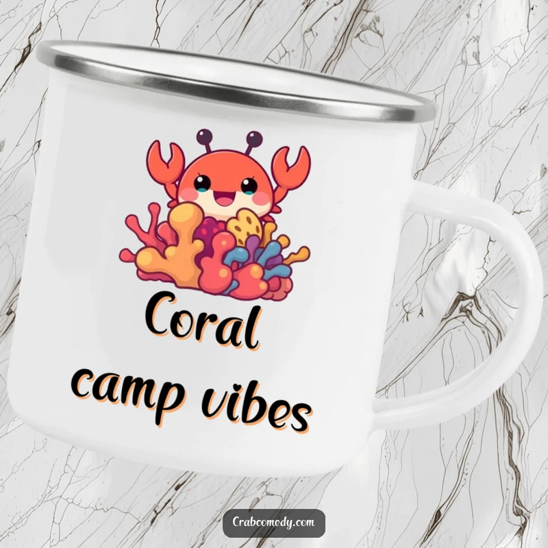 Funny enamel camping mug featuring a crab peeking from colorful coral, ideal for outdoor use.