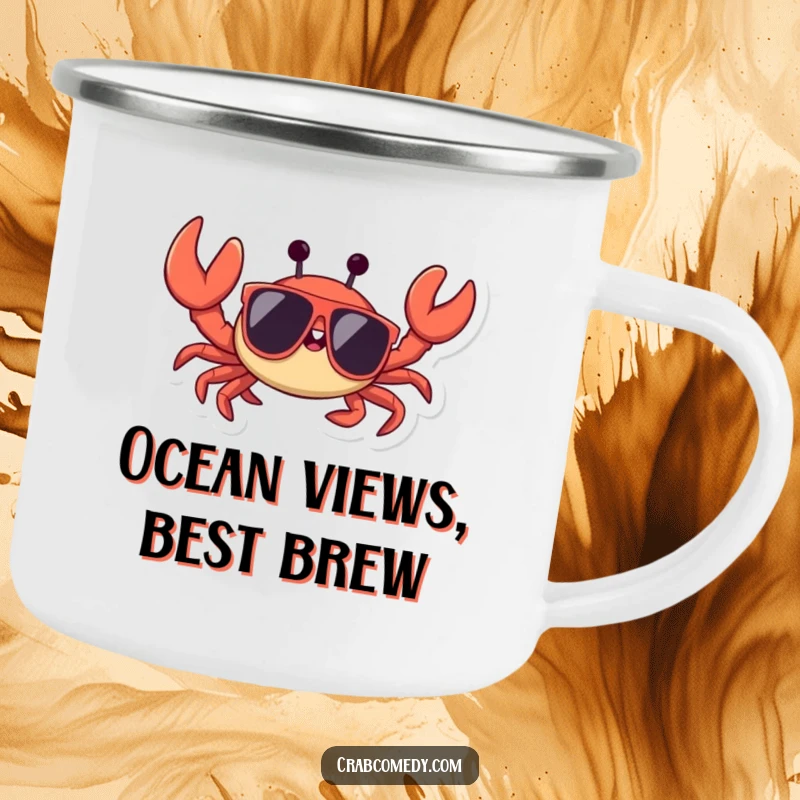 Funny crab in cool sunglasses waving a claw, on a sturdy camping mug for outdoor enjoyment.