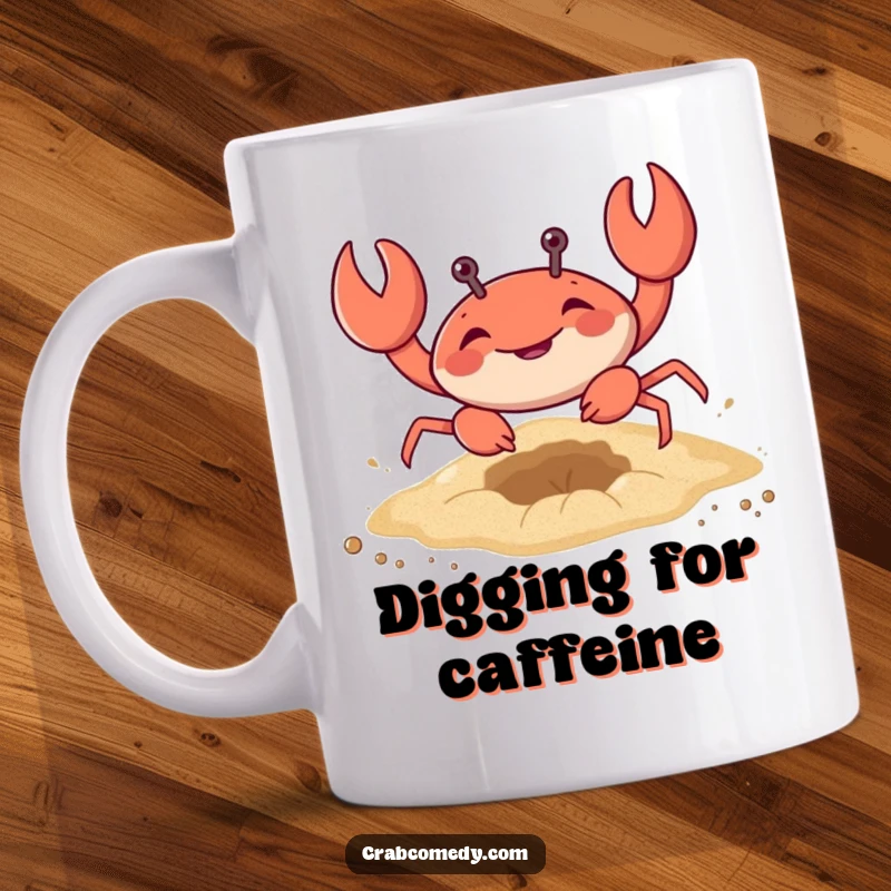 Funny crab character smiling and digging a hole enthusiastically in the sand, beach-themed humor.