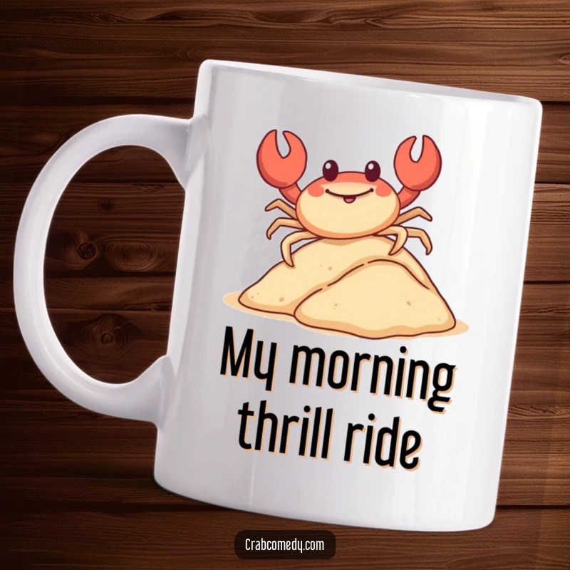 Funny, happy crab gracefully sliding down a miniature sand dune on its shell, on a mug.