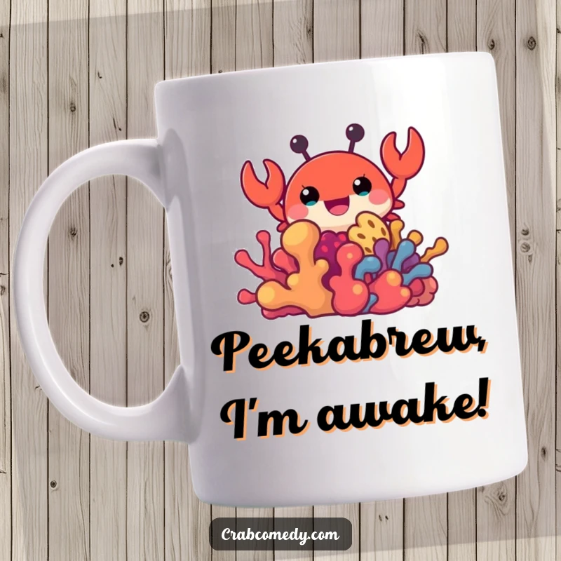 Funny crab character joyfully peeking from behind colorful coral, adorable and humorous design.