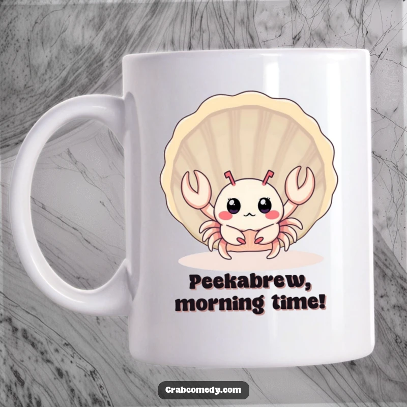Funny surprised baby crab peeking from behind a large seashell, on a delightful mug.