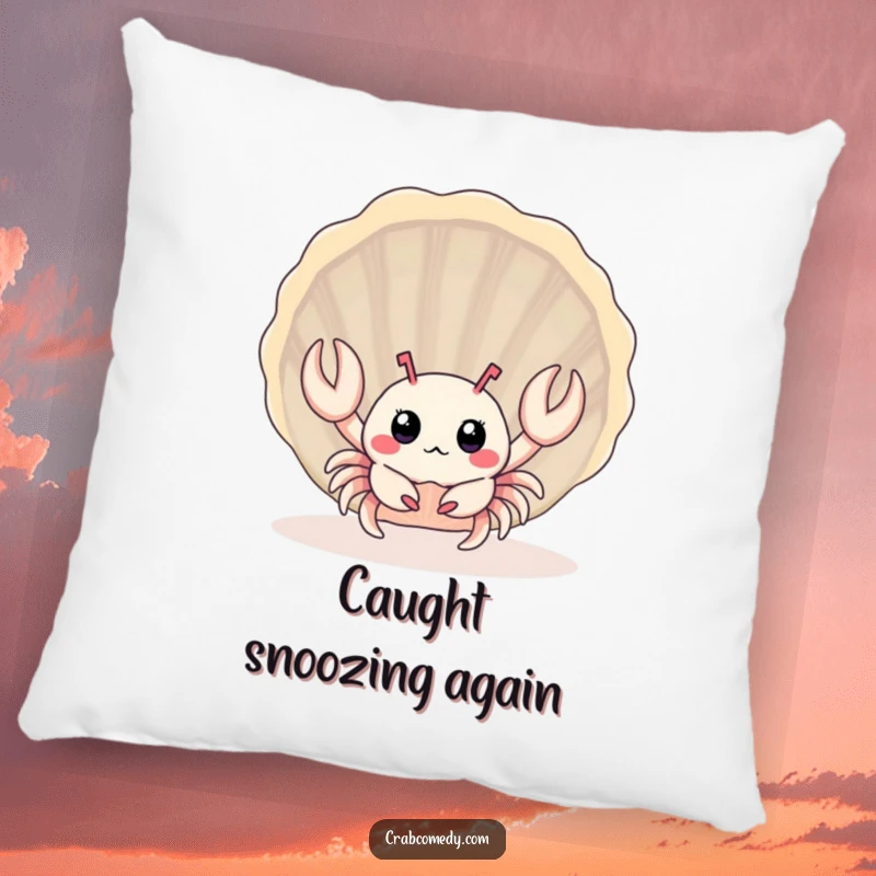 Funny surprised baby crab peeking from behind a large seashell, on a soft, decorative pillow.