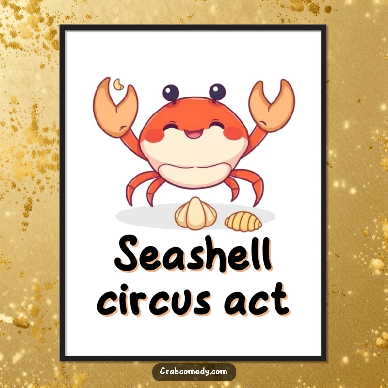 Funny crab skillfully juggling three tiny seashells, available as downloadable digital art.