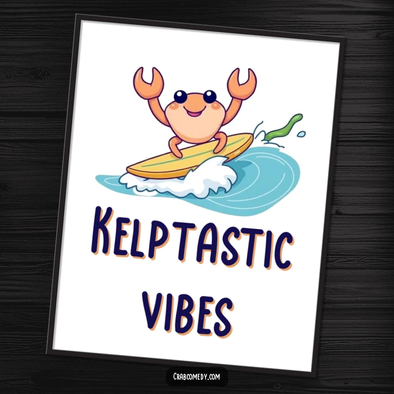 Funny digital art print of a crab surfing a kelp wave, perfect for instant beach decor.