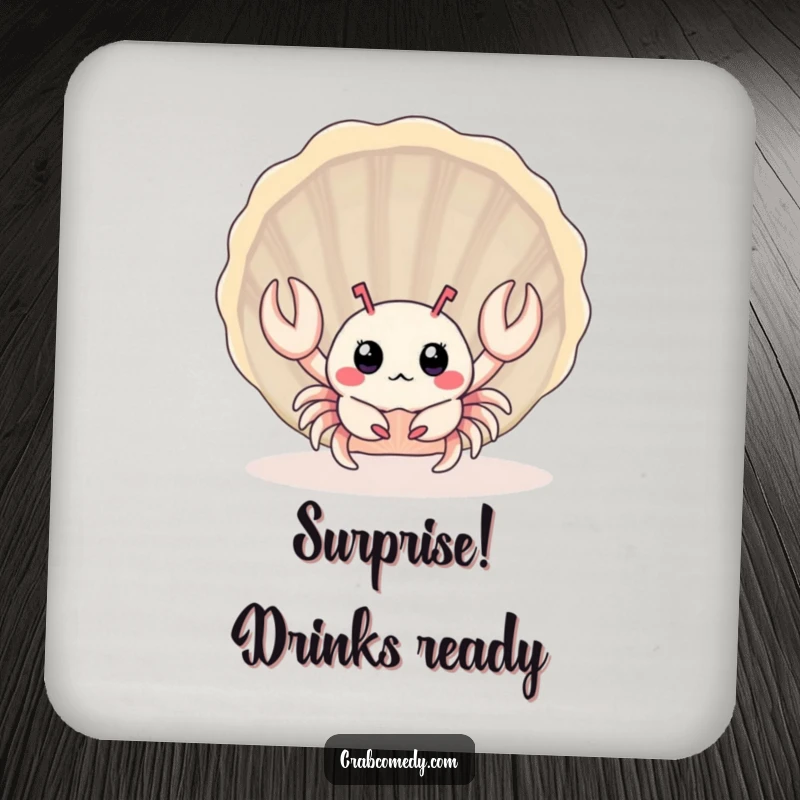 Funny baby crab peeking from behind a large seashell, on a protective drink coaster.