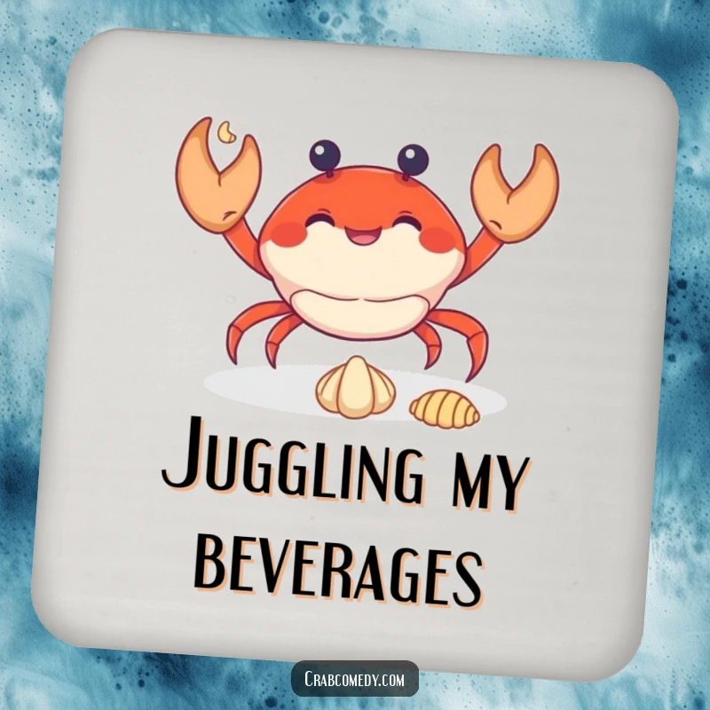 Funny crab juggling three tiny seashells, protecting tables as a decorative drink coaster.
