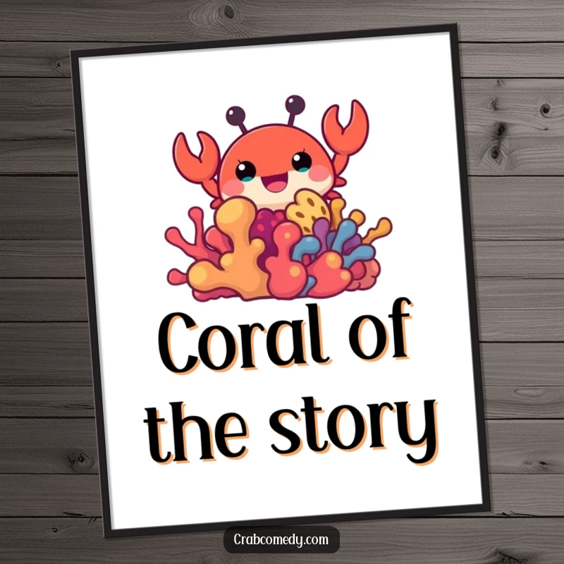 Funny poster print of a crab peeking from colorful coral, charming and playful wall art.