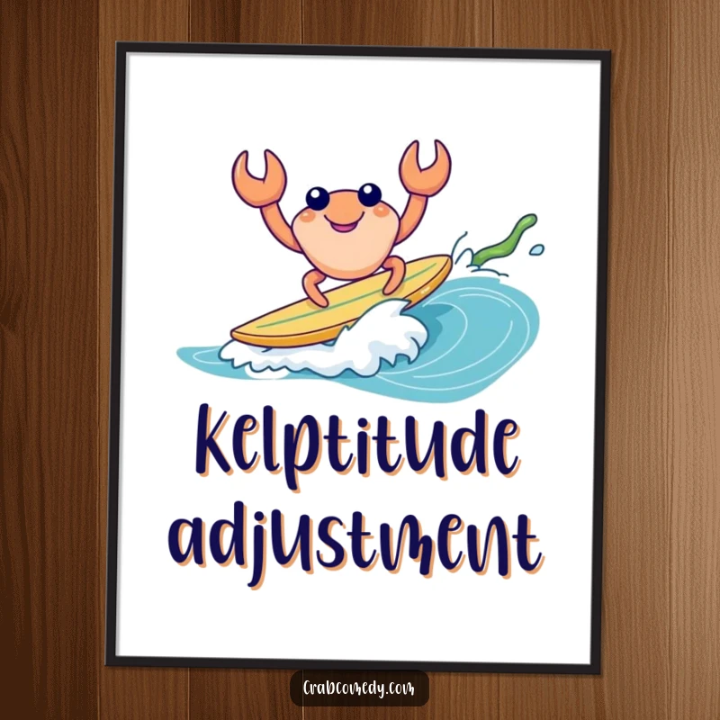 Funny poster print of a crab surfing a kelp wave, cheerful coastal wall art.