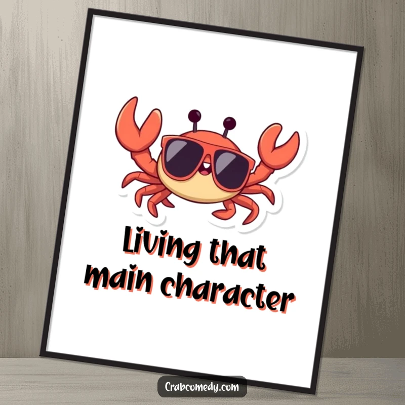 Funny crab in oversized sunglasses, happily waving a claw, depicted as a fun wall poster.