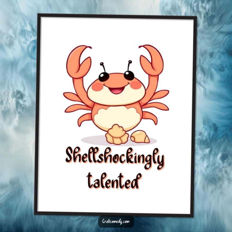Funny poster print of a happy crab juggling seashells, vibrant and playful wall art.