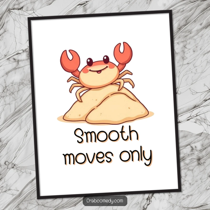 Funny, happy crab sliding down a miniature sand dune on its shell, as wall art.