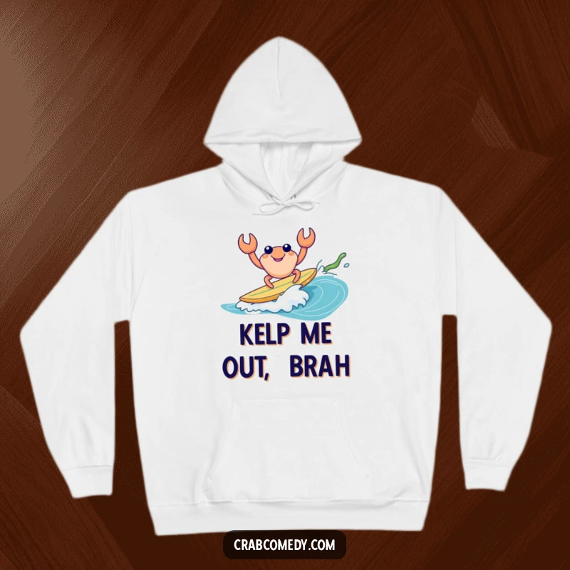 Funny hooded sweatshirt featuring a crab surfing a kelp wave, ideal cozy beach gift.