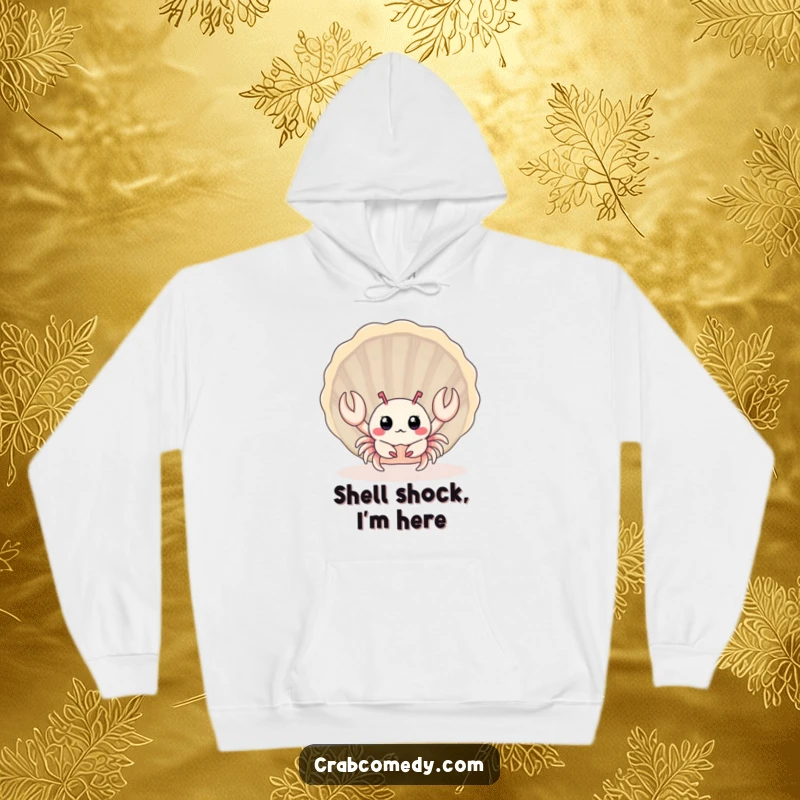 Funny surprised baby crab hiding behind a giant seashell, featured on a comfortable hoodie.