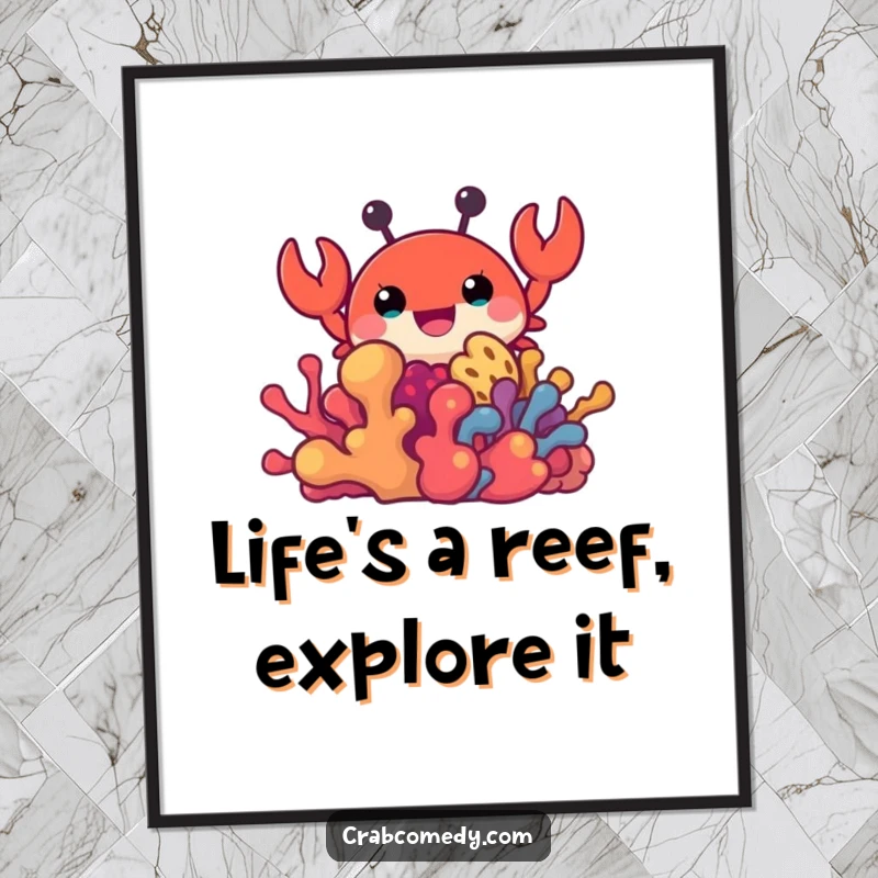 Funny Free Printable Wall Art: A curious crab character peeking out from behind a brightly colored coral formation.