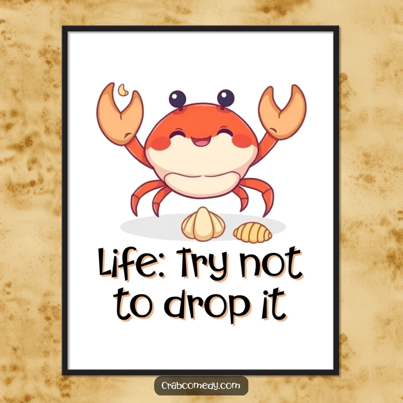 Funny Free Printable Wall Art: A cheerful crab juggling three tiny seashells. Playful downloadable art.