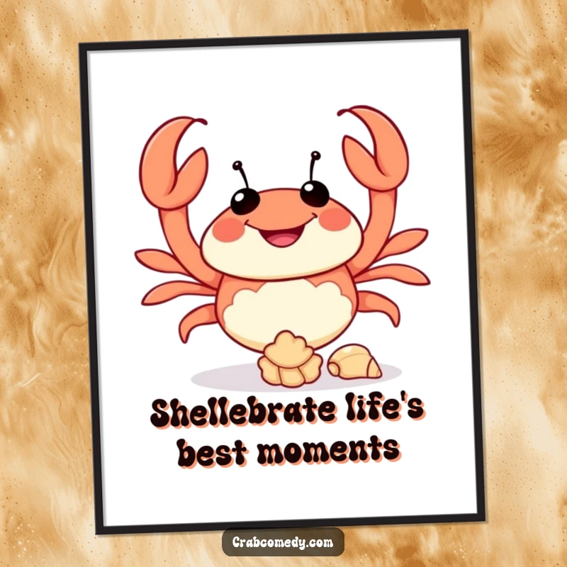 Funny Free Printable Wall Art: A whimsical crab character energetically juggling three tiny seashells with a big grin.