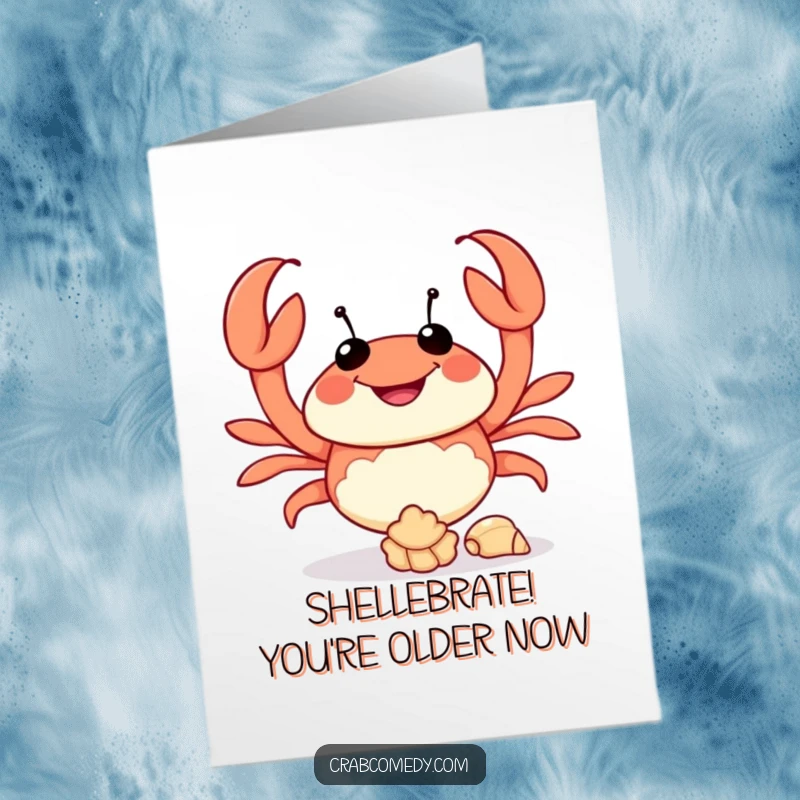 Funny Free Printable Birthday Card: A happy crab character playfully juggling three tiny seashells, offering a chuckle.