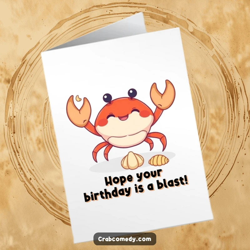 Funny Free Printable Birthday Card: A cheerful crab juggles three seashells. Fun downloadable gift.