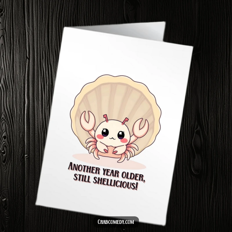 Funny Free Printable Birthday Card: A surprised baby crab peeks from a seashell. Adorable downloadable gift.