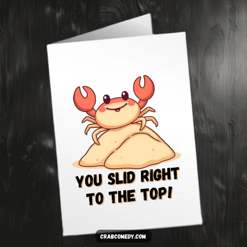 Funny Free Printable Congratulations Card: A happy crab slides down a sand dune. Adventurous downloadable present.
