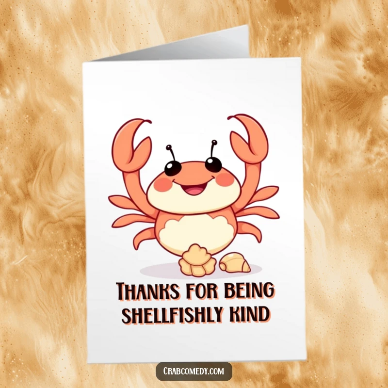 Funny Free Printable Thank You Card: A happy crab juggling seashells, sending a humorous thank you message.