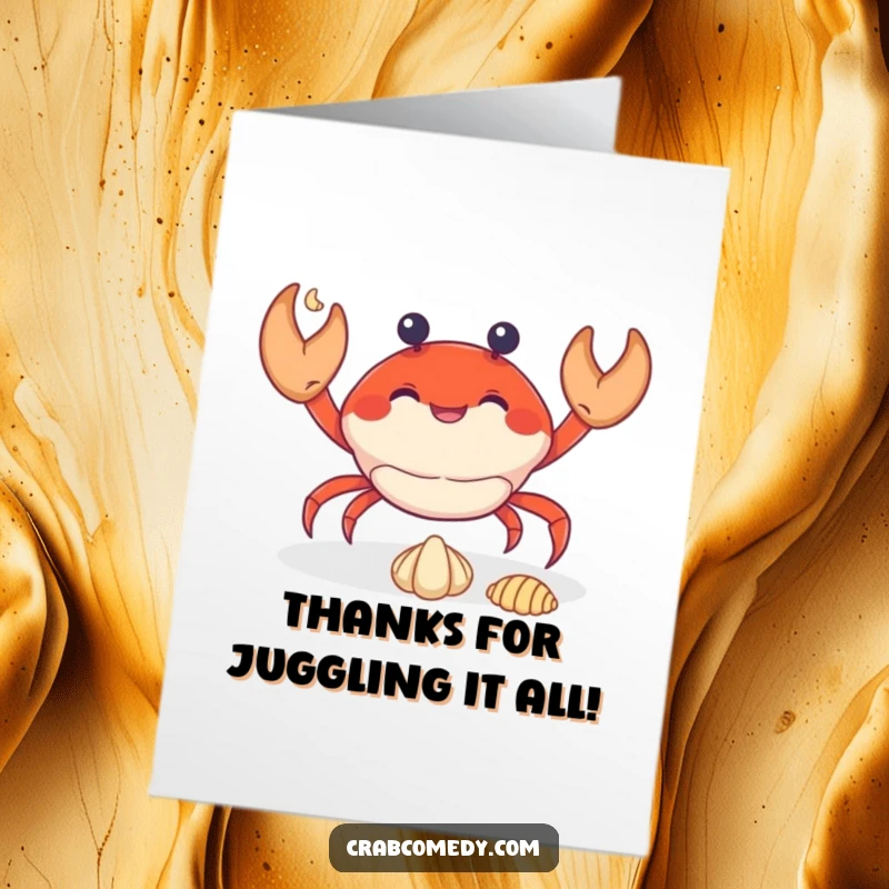 Funny Free Printable Thank You Card: A cheerful crab juggles seashells. Sweet downloadable gift.