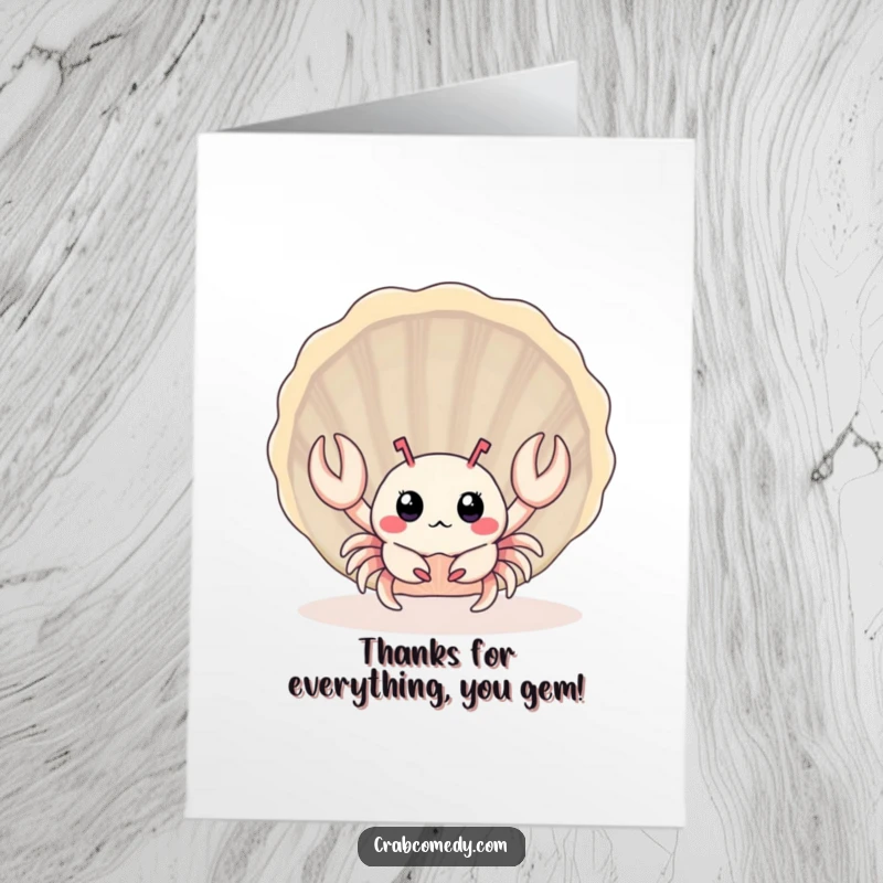 Funny Free Printable Thank You Card: A baby crab peeks out from a seashell. Sweet downloadable gift.