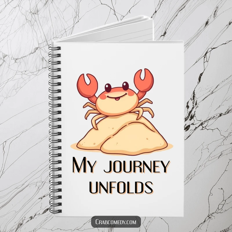 Funny crab sliding down a sand dune on its shell, on the cover of a notebook.
