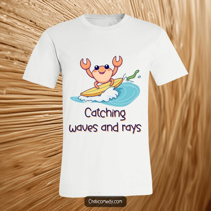 Funny t-shirt showing a crab cheerfully surfing on a piece of kelp, perfect beach gift.