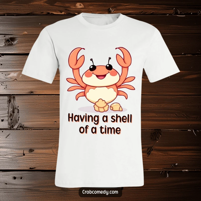 Funny t-shirt with a happy crab character playfully juggling three tiny seashells, great gift.