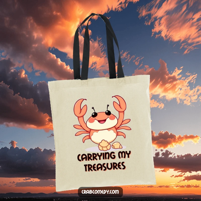 Funny tote bag with a happy crab character juggling seashells, practical and humorous beach accessory.