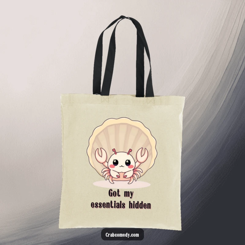 Funny baby crab peeking from behind a large seashell, printed on a practical tote bag.