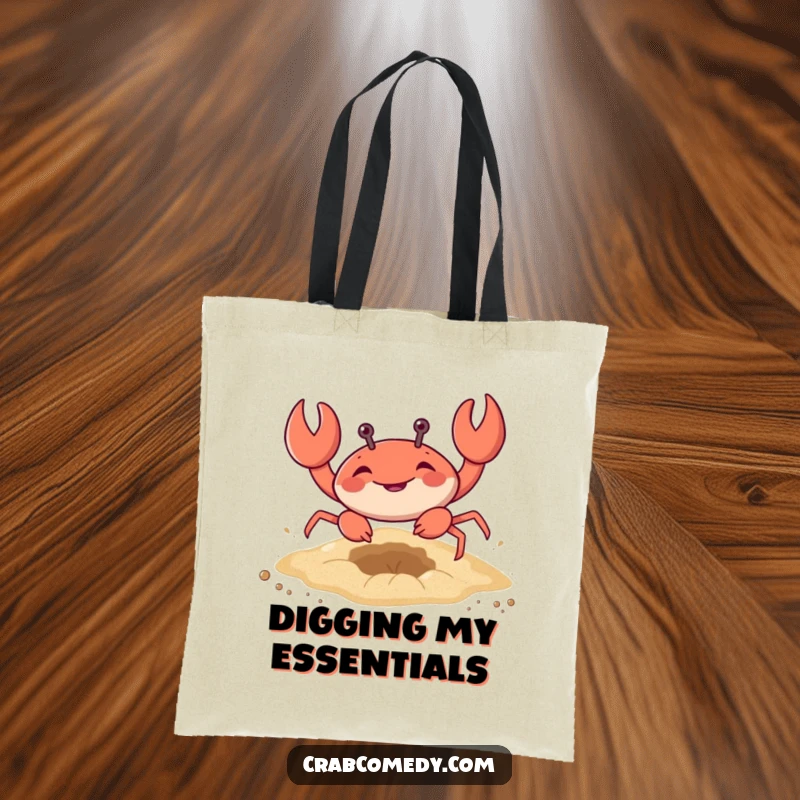 Funny tote bag with a smiling crab digging a hole in the sand, practical and humorous accessory.