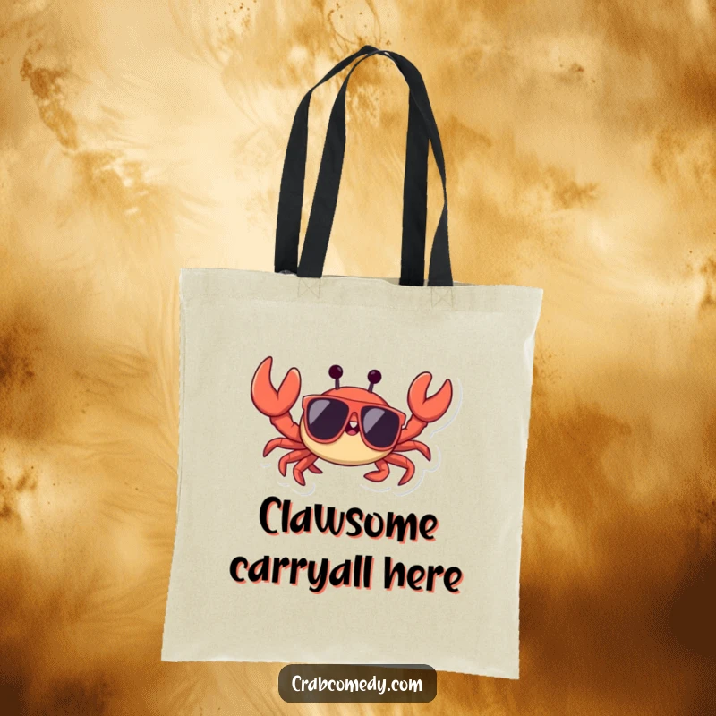 Funny crab wearing cool sunglasses, waving a claw, on a durable tote bag, ready for errands.