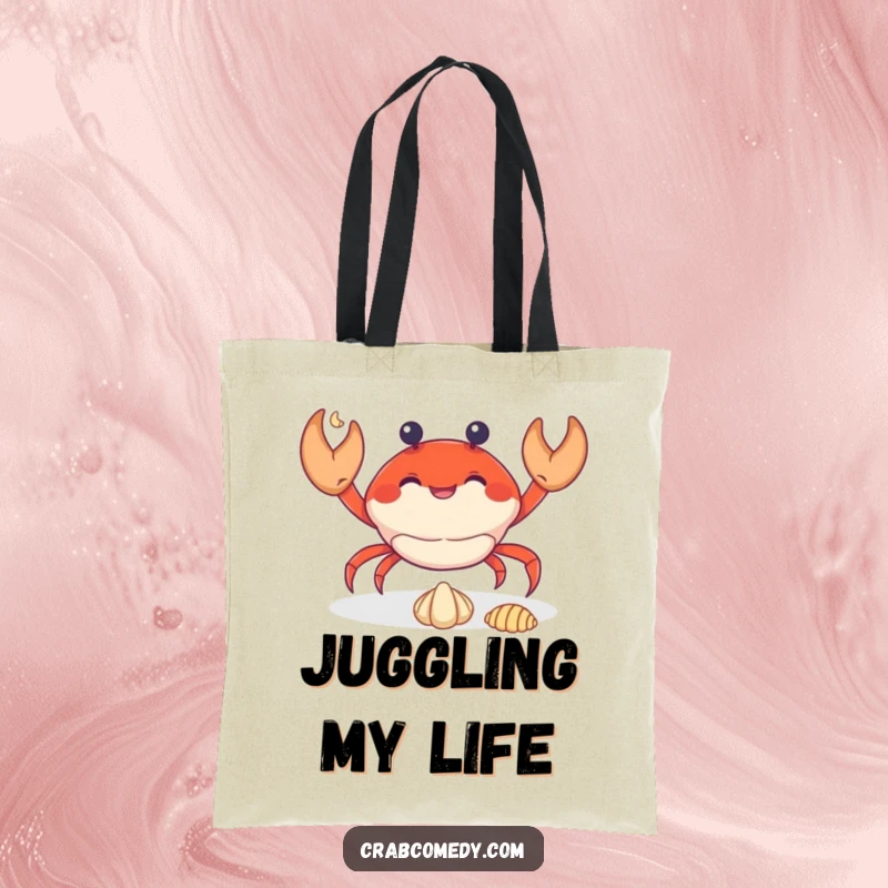 Funny crab juggling three small seashells, featured on a durable and stylish tote bag.